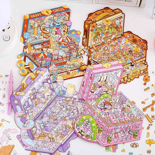 Magical Realm 3.0 Plus A4 Size – Cute Animal’s Boxed World 3D Sticker Scenes - 4 Theme Sets: My Little Pony Music Party | Bear Happy Circus | Capybara Amusement Park | Dog Magic House - SNSEASY