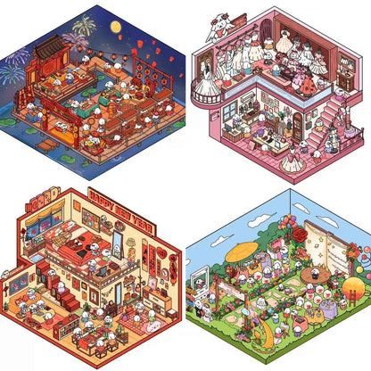 Cute Puppy 3D Isometric Room Stickers – 8 Theme Sets: Christmas Party | Clothing Store | Flower Shop | BBQ Restaurant | Wedding | Happy New Year | Dress Shop | Temple Fair - SNSEASY