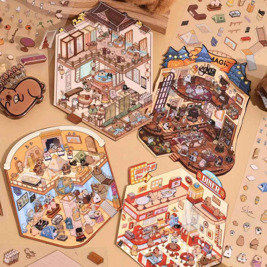 Capybara 2-Floor Shops – 3D Sticker Scenes - 4 Theme Sets: Capybara Museum | Capybara Bathhouse | Capybara Magic Shop | Capybara Fast Food