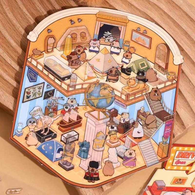 Capybara 2-Floor Shops – 3D Sticker Scenes - 4 Theme Sets: Capybara Museum | Capybara Bathhouse | Capybara Magic Shop | Capybara Fast Food
