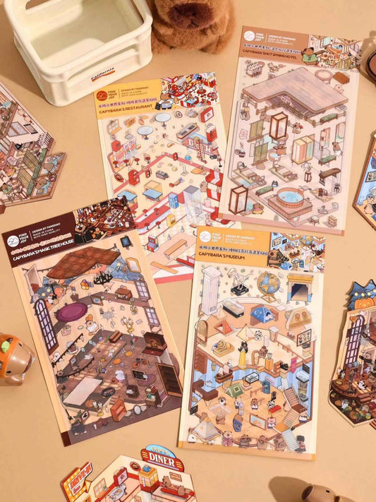 Capybara 2-Floor Shops – 3D Sticker Scenes - 4 Theme Sets: Capybara Museum | Capybara Bathhouse | Capybara Magic Shop | Capybara Fast Food