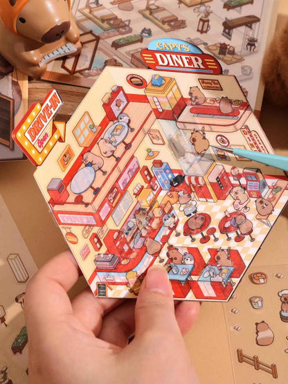 Capybara 2-Floor Shops – 3D Sticker Scenes - 4 Theme Sets: Capybara Museum | Capybara Bathhouse | Capybara Magic Shop | Capybara Fast Food