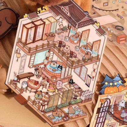 Capybara 2-Floor Shops – 3D Sticker Scenes - 4 Theme Sets: Capybara Museum | Capybara Bathhouse | Capybara Magic Shop | Capybara Fast Food