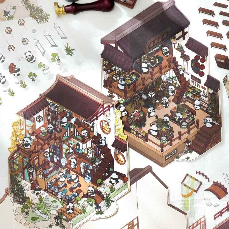 Black & White – Panda and Cat Traditional Chinese 2-Floor Shops 3D Sticker Scenes - 4 Theme Sets: Panda Bookstore | Panda Hotel | Cat Baozi Shop | Cat Restaurant