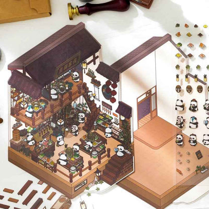 Black & White – Panda and Cat Traditional Chinese 2-Floor Shops 3D Sticker Scenes - 4 Theme Sets: Panda Bookstore | Panda Hotel | Cat Baozi Shop | Cat Restaurant