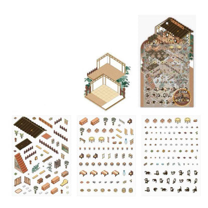 Black & White – Panda and Cat Traditional Chinese 2-Floor Shops 3D Sticker Scenes - 4 Theme Sets: Panda Bookstore | Panda Hotel | Cat Baozi Shop | Cat Restaurant