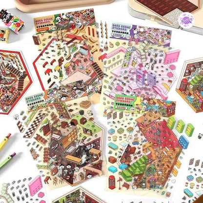 Cute Store 2-Floor – 3D Sticker Scenes - 4 Theme Sets: Panda Hot Pot Shop | Puppy Chocolate Shop | Bunny Candy House | Bear Toy House