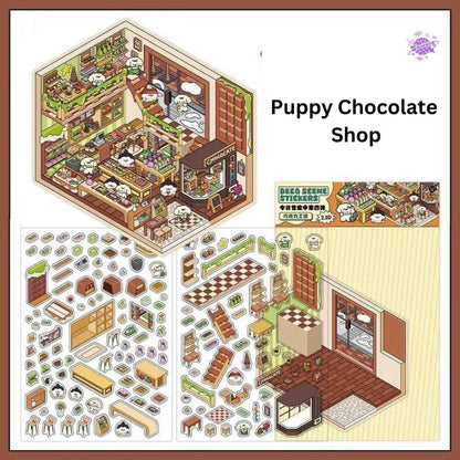 Cute Store 2-Floor – 3D Sticker Scenes - 4 Theme Sets: Panda Hot Pot Shop | Puppy Chocolate Shop | Bunny Candy House | Bear Toy House