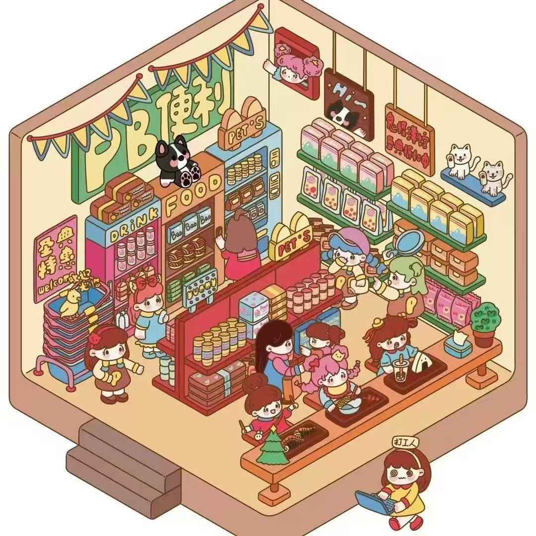 Cartoon Shop – 3D Sticker Scenes - 4 Theme Sets: Convenience Store | Bakery | Flower Shop | Bookstore