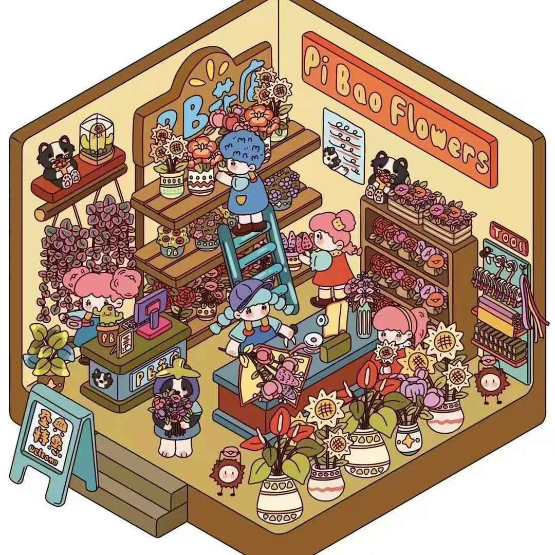 Cartoon Shop – 3D Sticker Scenes - 4 Theme Sets: Convenience Store | Bakery | Flower Shop | Bookstore