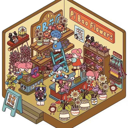 Cartoon Shop – 3D Sticker Scenes - 4 Theme Sets: Convenience Store | Bakery | Flower Shop | Bookstore