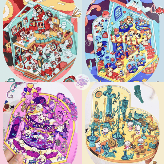 Cute Animals Visit the Museum – 3D Miniature Scene Stickers (Flip-Open Plus Size) – 4 Theme Sets: Dog Opera House | Cat Aquarium | Cat Art Museum | Sheep Sanxingdui Museum