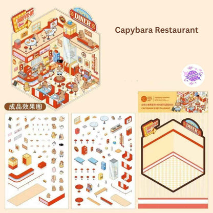 Capybara & Cute Penguin – 3D Sticker Scenes - 8 Theme Sets: Capybara Restaurant | Capybara Magic Treehouse | Capybara Hot Spring Hotel | Capybara Museum | Penguin Cottage | Penguin Garden | Penguin Beach | Penguin Dessert Shop