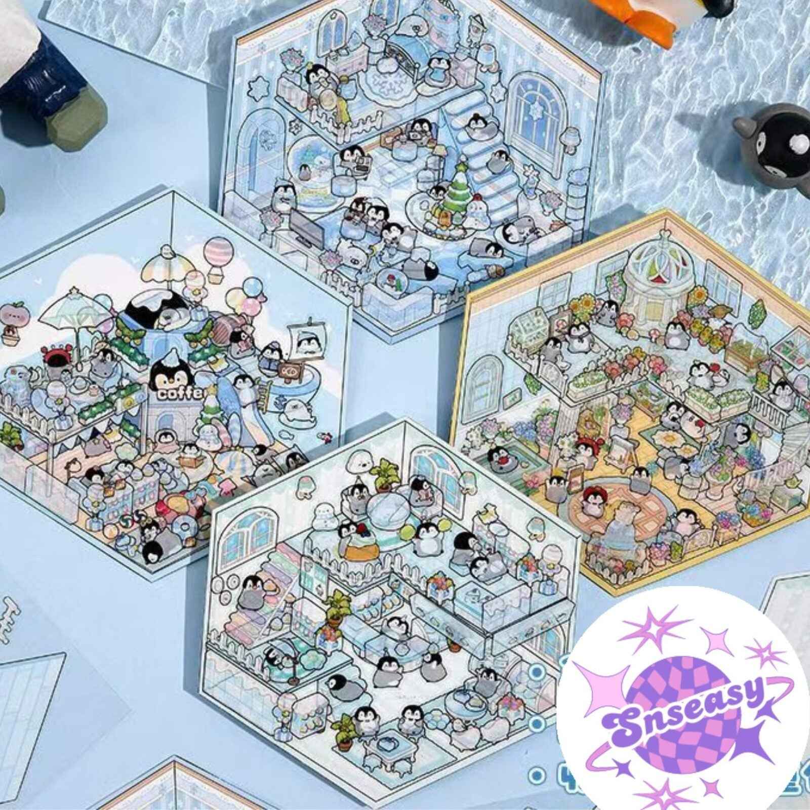 Capybara & Cute Penguin – 3D Sticker Scenes - 8 Theme Sets: Capybara Restaurant | Capybara Magic Treehouse | Capybara Hot Spring Hotel | Capybara Museum | Penguin Cottage | Penguin Garden | Penguin Beach | Penguin Dessert Shop