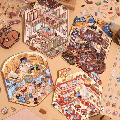Capybara & Cute Penguin – 3D Sticker Scenes - 8 Theme Sets: Capybara Restaurant | Capybara Magic Treehouse | Capybara Hot Spring Hotel | Capybara Museum | Penguin Cottage | Penguin Garden | Penguin Beach | Penguin Dessert Shop