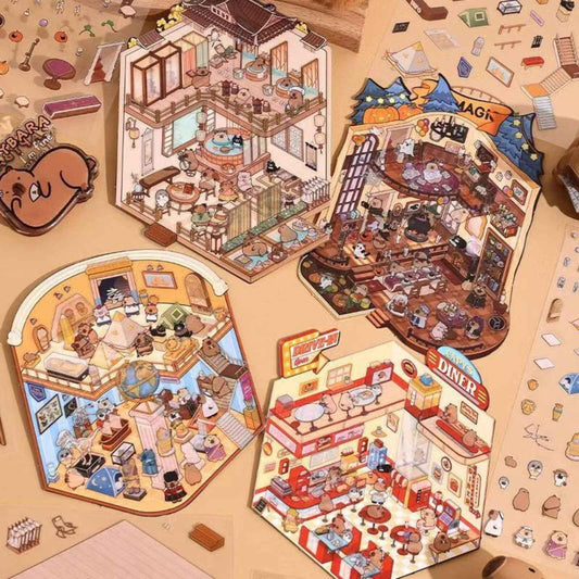 Capybara & Cute Penguin – 3D Sticker Scenes - 8 Theme Sets: Capybara Restaurant | Capybara Magic Treehouse | Capybara Hot Spring Hotel | Capybara Museum | Penguin Cottage | Penguin Garden | Penguin Beach | Penguin Dessert Shop