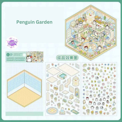 Capybara & Cute Penguin – 3D Sticker Scenes - 8 Theme Sets: Capybara Restaurant | Capybara Magic Treehouse | Capybara Hot Spring Hotel | Capybara Museum | Penguin Cottage | Penguin Garden | Penguin Beach | Penguin Dessert Shop