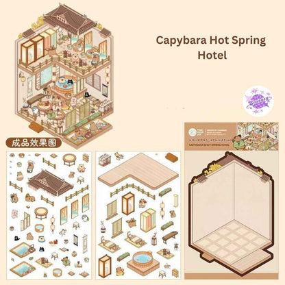 Capybara & Cute Penguin – 3D Sticker Scenes - 8 Theme Sets: Capybara Restaurant | Capybara Magic Treehouse | Capybara Hot Spring Hotel | Capybara Museum | Penguin Cottage | Penguin Garden | Penguin Beach | Penguin Dessert Shop
