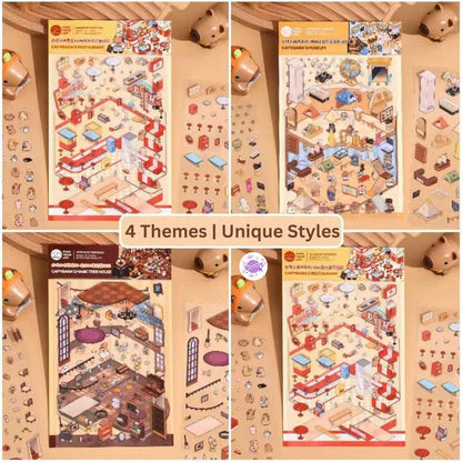 Capybara & Cute Penguin – 3D Sticker Scenes - 8 Theme Sets: Capybara Restaurant | Capybara Magic Treehouse | Capybara Hot Spring Hotel | Capybara Museum | Penguin Cottage | Penguin Garden | Penguin Beach | Penguin Dessert Shop