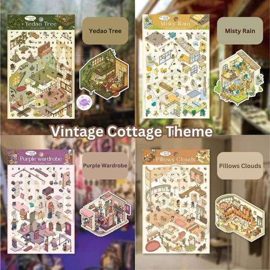 Vintage Cottage – 3D Sticker Scenes - 4 Theme Sets: Yedao Tree | Misty Rain | Purple Wardrobe | Pillows Clouds
