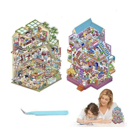 4-Story Grand Buildings 5.0 – 3D Miniature Sticker Scenes - 2 Theme Sets: 4-Story Convenience Store | 4-Story Puppy Villa