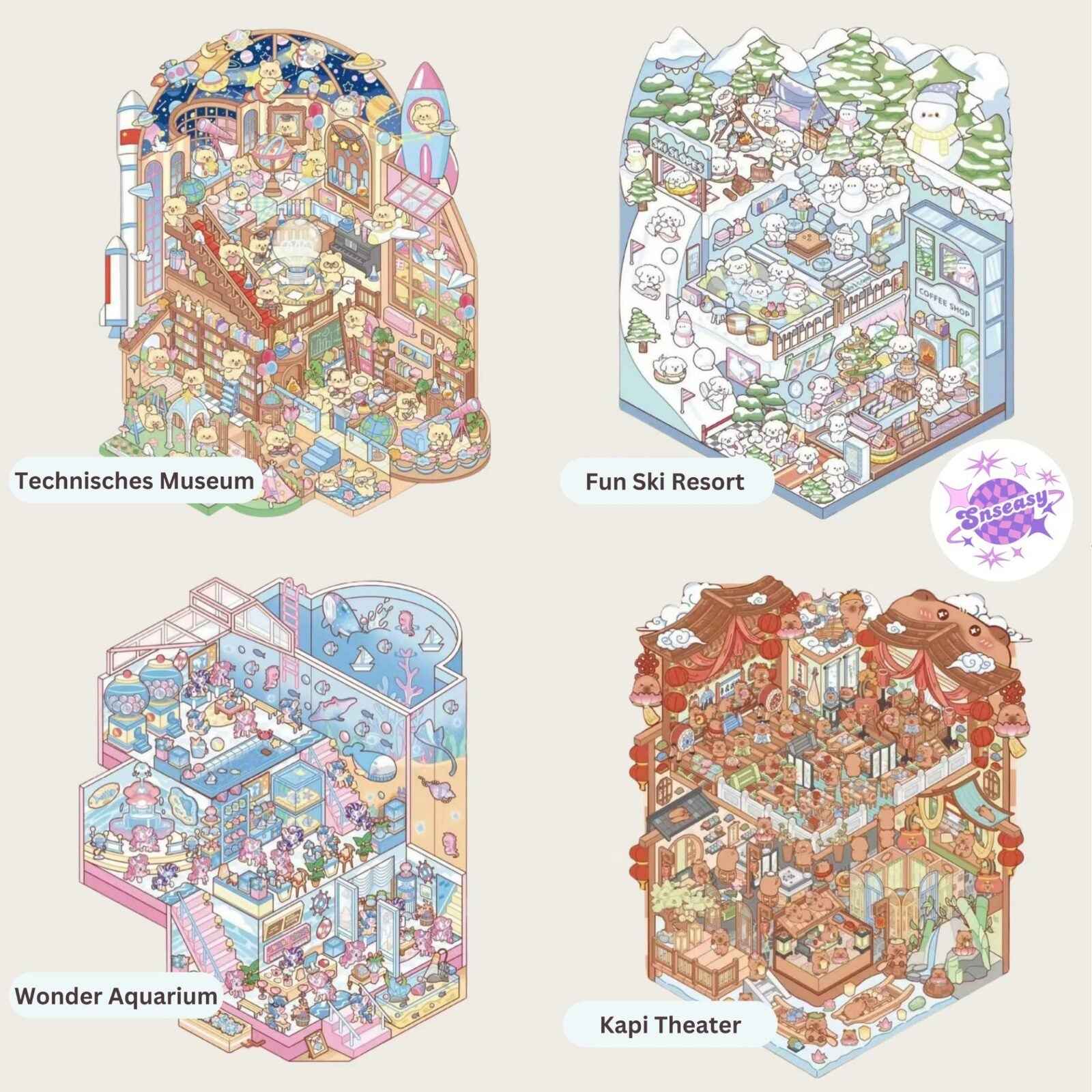 3-Story Grand Buildings 6.0 – 3D Sticker Scenes - 4 Theme Sets: Technisches Museum | Fun Ski Resort | Wonder Aquarium | Kapi Theater