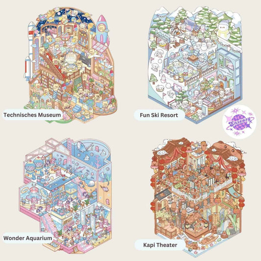 3-Story Grand Buildings 6.0 – 3D Sticker Scenes - 4 Theme Sets: Technisches Museum | Fun Ski Resort | Wonder Aquarium | Kapi Theater