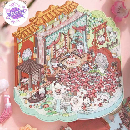 Ancient Architecture Scenes 2.0 – 3D DIY Sticker Sets - 2 Theme Sets: Fly Flowers | Leisurely Courtyard
