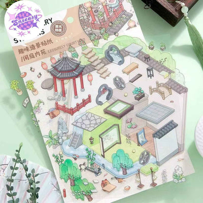 Ancient Architecture Scenes 2.0 – 3D DIY Sticker Sets - 2 Theme Sets: Fly Flowers | Leisurely Courtyard