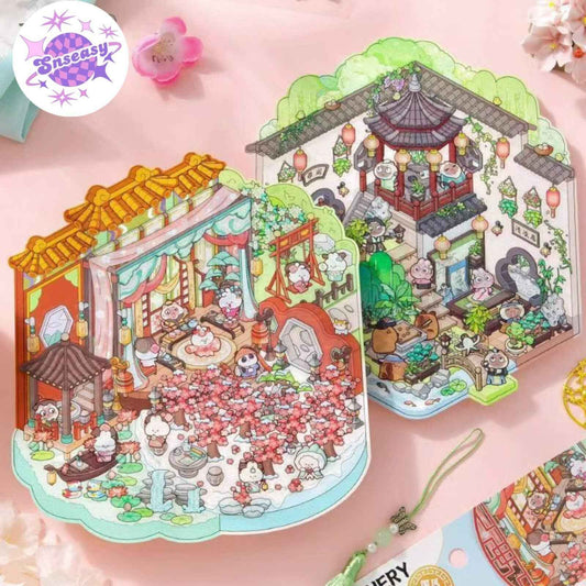 Ancient Architecture Scenes 2.0 – 3D DIY Sticker Sets - 2 Theme Sets: Fly Flowers | Leisurely Courtyard