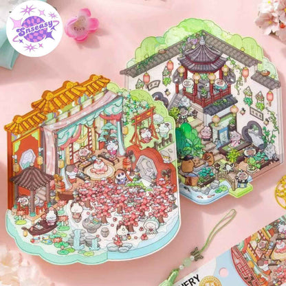 Ancient Architecture Scenes 2.0 – 3D DIY Sticker Sets - 2 Theme Sets: Fly Flowers | Leisurely Courtyard
