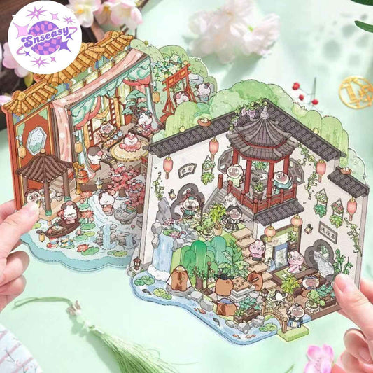Ancient Architecture Scenes 2.0 – 3D DIY Sticker Sets - 2 Theme Sets: Fly Flowers | Leisurely Courtyard