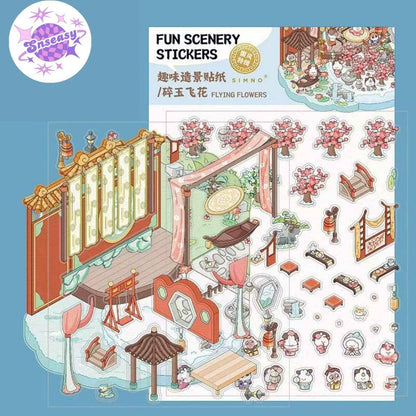Ancient Architecture Scenes 2.0 – 3D DIY Sticker Sets - 2 Theme Sets: Fly Flowers | Leisurely Courtyard