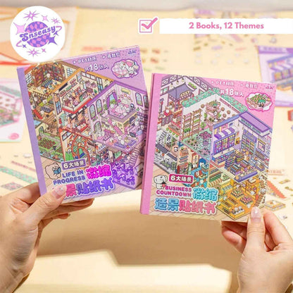Cute Animals 3D Scene Stickers Scrapbook – 12 Unique Themes: Little Shop Open (6 Themes) | Living in Life (6 Themes)