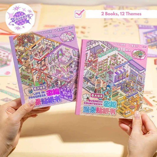 Cute Animals 3D Scene Stickers Scrapbook – 12 Unique Themes: Little Shop Open (6 Themes) | Living in Life (6 Themes)