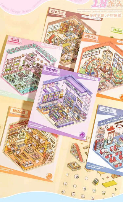 Cute Animals 3D Scene Stickers Scrapbook – 12 Unique Themes: Little Shop Open (6 Themes) | Living in Life (6 Themes)