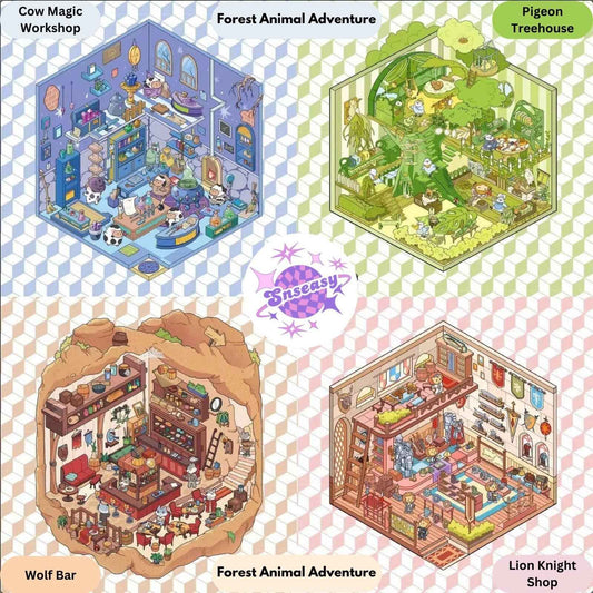 Forest Animal Adventure – 3D Sticker Scenes - 4 Theme Sets: Cow Magic Workshop | Pigeon Treehouse | Wolf Bar | Lion Knight Shop