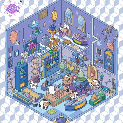 Forest Animal Adventure – 3D Sticker Scenes - 4 Theme Sets: Cow Magic Workshop | Pigeon Treehouse | Wolf Bar | Lion Knight Shop
