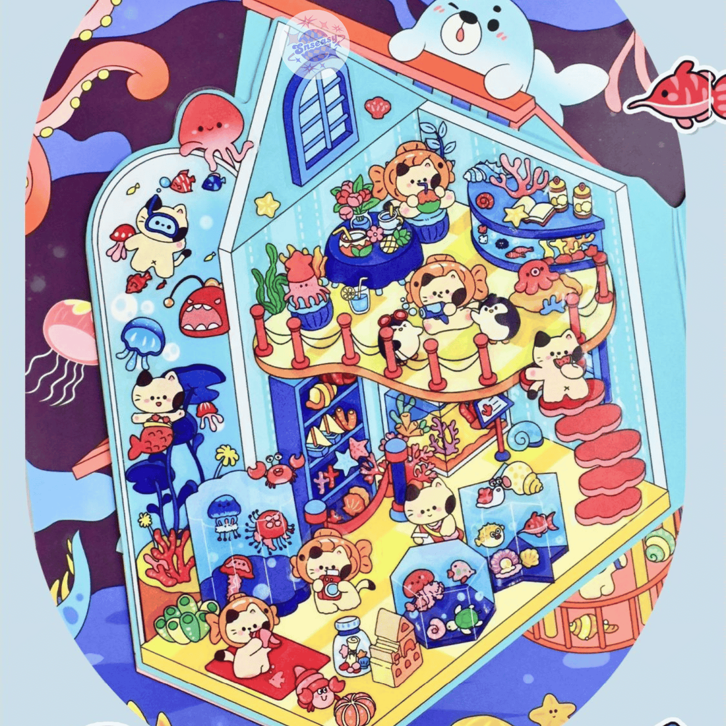Cute Animals Visit the Museum – 3D Miniature Scene Stickers (Flip-Open Plus Size) – 4 Theme Sets: Dog Opera House | Cat Aquarium | Cat Art Museum | Sheep Sanxingdui Museum