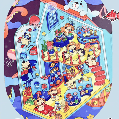 Cute Animals Visit the Museum – 3D Miniature Scene Stickers (Flip-Open Plus Size) – 4 Theme Sets: Dog Opera House | Cat Aquarium | Cat Art Museum | Sheep Sanxingdui Museum