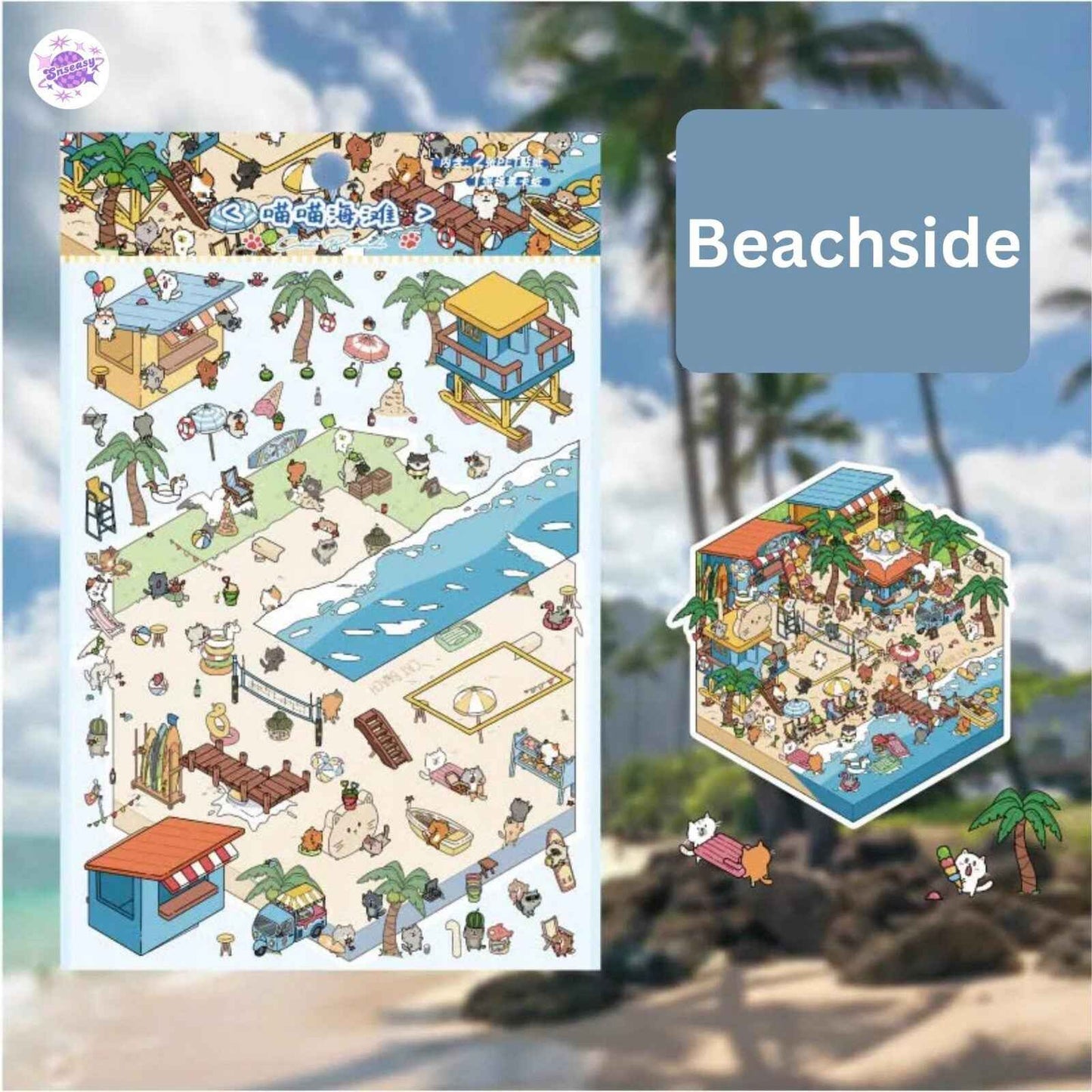 Cat Town Series – 3D DIY Sticker Scenes – 8 Theme Sets: Farm | Beachside | Western Town | Breakfast Street | Forest Refuge | Snowy Shelter | Deep Sea Hideaway | Desert Haven