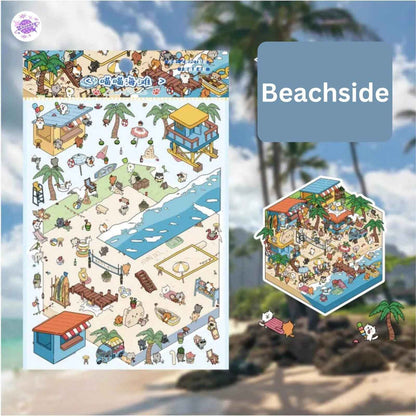Cat Town Series – 3D DIY Sticker Scenes – 8 Theme Sets: Farm | Beachside | Western Town | Breakfast Street | Forest Refuge | Snowy Shelter | Deep Sea Hideaway | Desert Haven