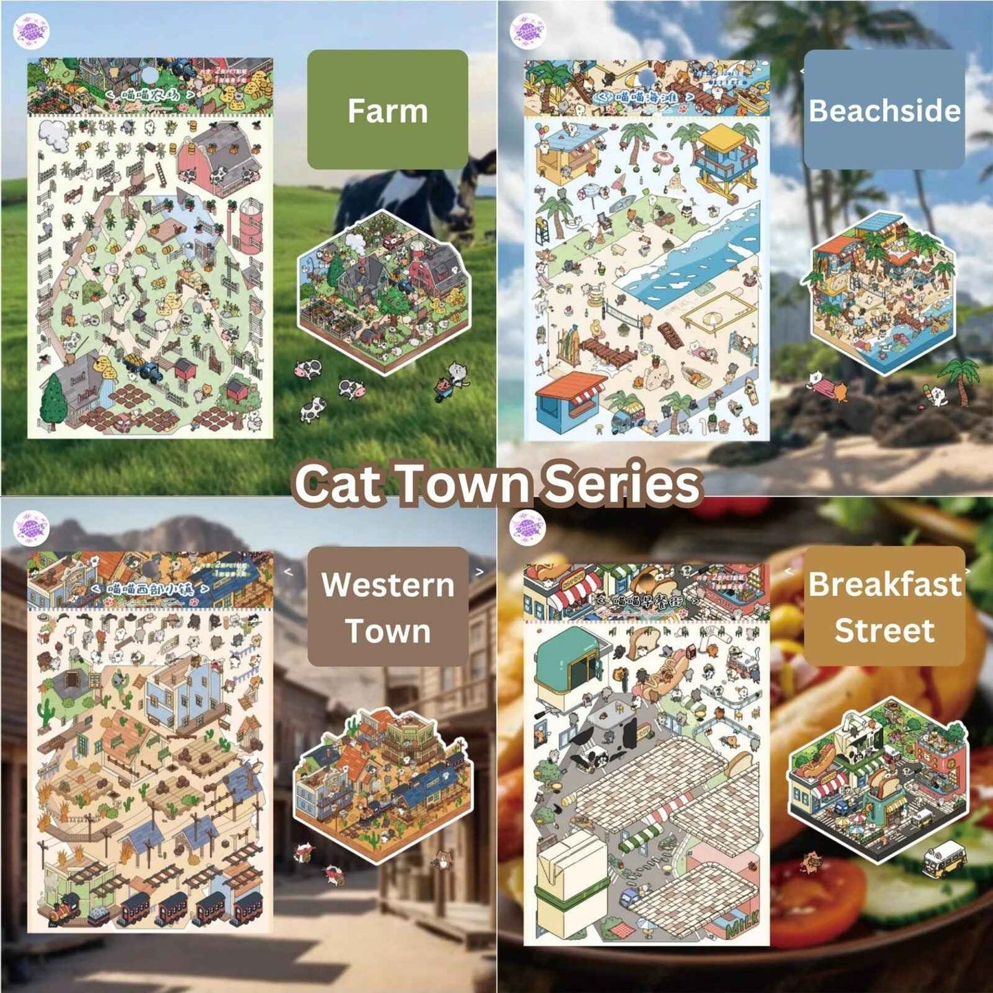 Cat Town Series – 3D DIY Sticker Scenes – 8 Theme Sets: Farm | Beachside | Western Town | Breakfast Street | Forest Refuge | Snowy Shelter | Deep Sea Hideaway | Desert Haven