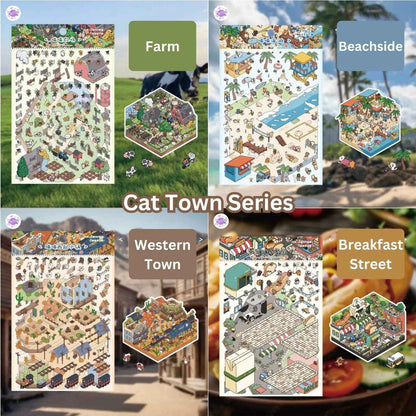 Cat Town Series – 3D DIY Sticker Scenes – 8 Theme Sets: Farm | Beachside | Western Town | Breakfast Street | Forest Refuge | Snowy Shelter | Deep Sea Hideaway | Desert Haven