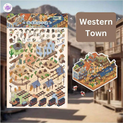 Cat Town Series – 3D DIY Sticker Scenes – 8 Theme Sets: Farm | Beachside | Western Town | Breakfast Street | Forest Refuge | Snowy Shelter | Deep Sea Hideaway | Desert Haven