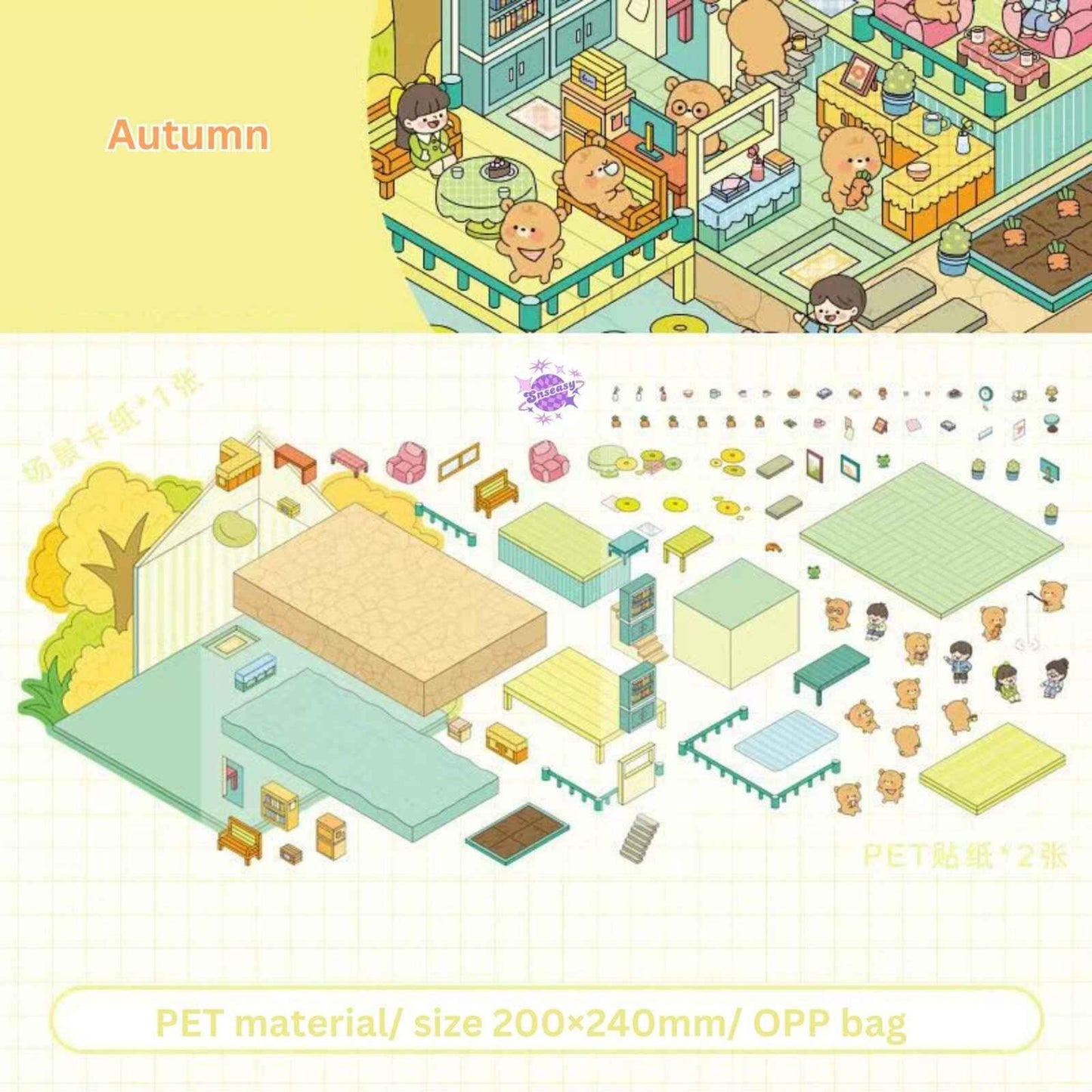 Little Bear's Four Seasons Cottage – 3D DIY MiniatureSticker Scenes - 4 Theme Sets: Spring | Summer | Autumn | Winter