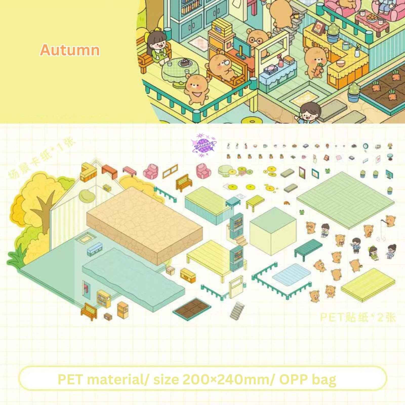 Little Bear's Four Seasons Cottage – 3D DIY MiniatureSticker Scenes - 4 Theme Sets: Spring | Summer | Autumn | Winter