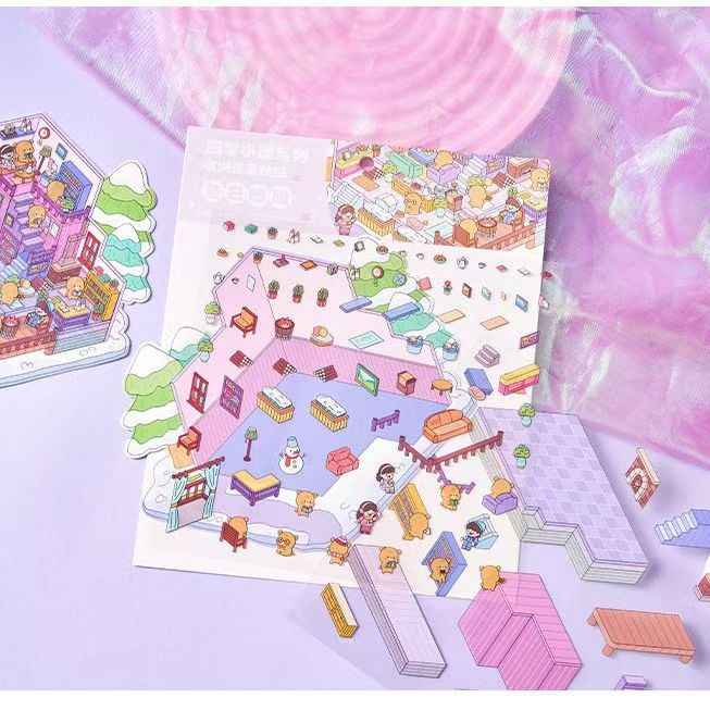 Little Bear's Four Seasons Cottage – 3D DIY MiniatureSticker Scenes - 4 Theme Sets: Spring | Summer | Autumn | Winter