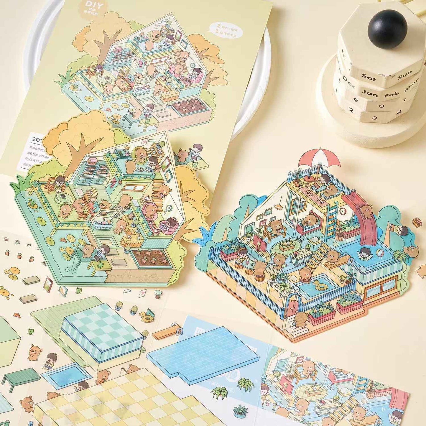 Little Bear's Four Seasons Cottage – 3D DIY MiniatureSticker Scenes - 4 Theme Sets: Spring | Summer | Autumn | Winter