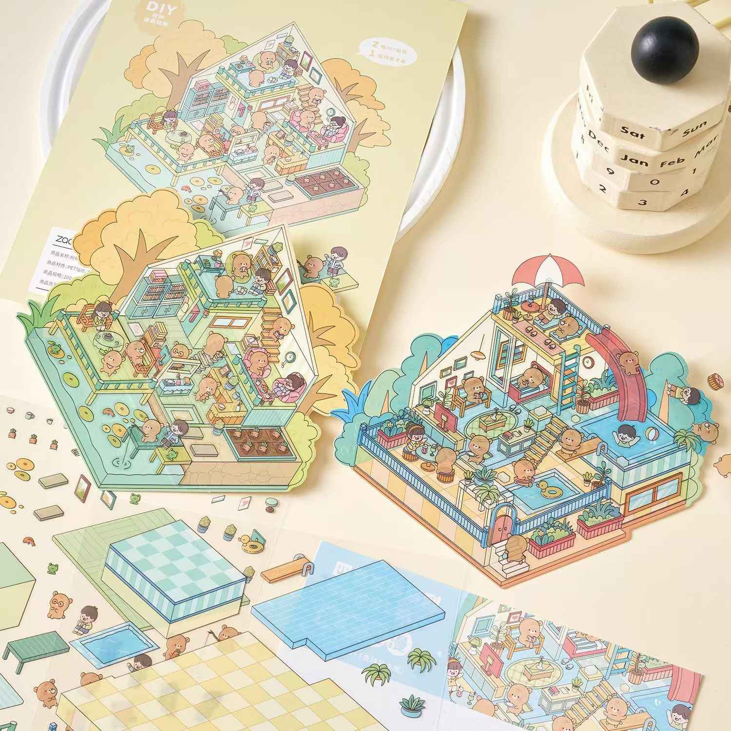 Little Bear's Four Seasons Cottage – 3D DIY MiniatureSticker Scenes - 4 Theme Sets: Spring | Summer | Autumn | Winter